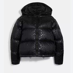 Coach Down Short Puffer Black Glossy Logo Warm Jacket MINT